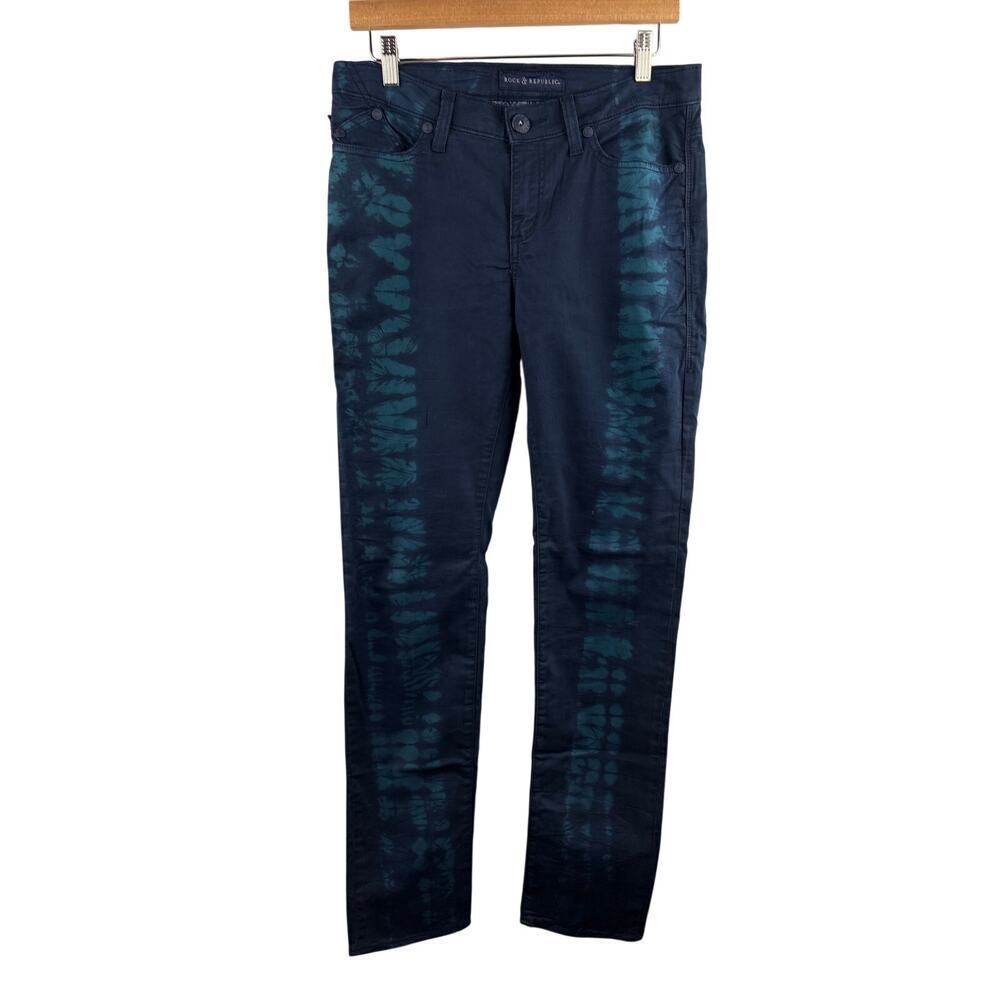 Women’s Rock & Republic Size 10 Navy Blue w/ Teal Tie-dye Skinny Jeans